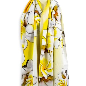 White and yellow flower shawl, Bright yellow summer scarf, Turban cotton head scarf floral lightweight scarf, Yellow beach sarong pool wrap image 5