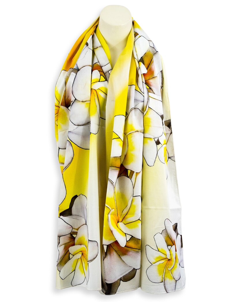 White and yellow flower shawl, Bright yellow summer scarf, Turban cotton head scarf floral lightweight scarf, Yellow beach sarong pool wrap image 5