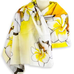 White and yellow flower shawl, Bright yellow summer scarf, Turban cotton head scarf floral lightweight scarf, Yellow beach sarong pool wrap image 6