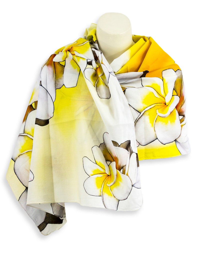 White and yellow flower shawl, Bright yellow summer scarf, Turban cotton head scarf floral lightweight scarf, Yellow beach sarong pool wrap image 6