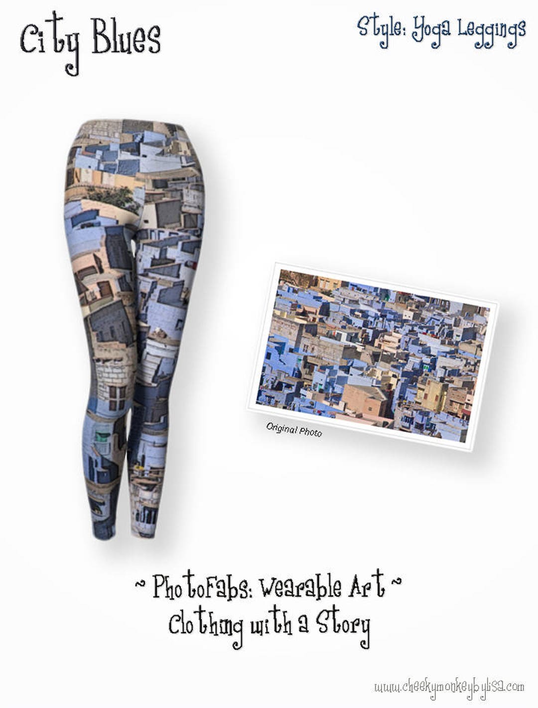 Long Yoga Leggings in Blues, Original Art Leggings, Fold Over Waist