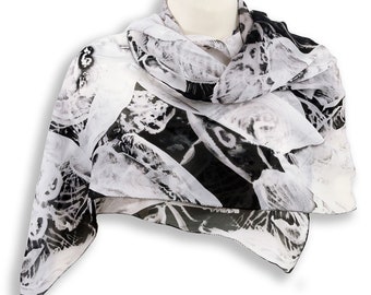 Black and white silk scarf fashion accessories, graphic white black scarf wedding favor swag, light scarf mothers day gift, womens headscarf
