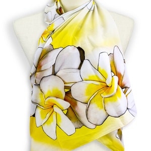 White and yellow flower shawl, Bright yellow summer scarf, Turban cotton head scarf floral lightweight scarf, Yellow beach sarong pool wrap image 4