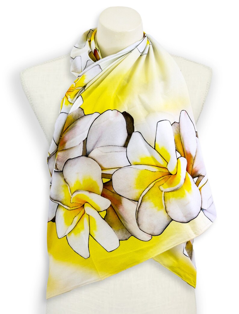 White and yellow flower shawl, Bright yellow summer scarf, Turban cotton head scarf floral lightweight scarf, Yellow beach sarong pool wrap image 4