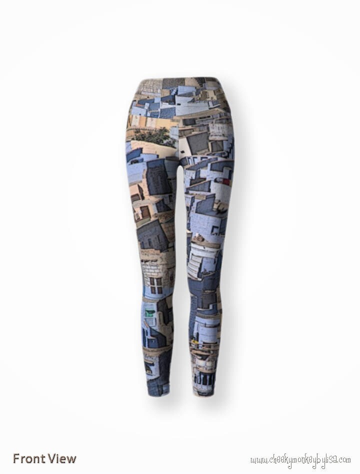 Long Yoga Leggings in Blues, Original Art Leggings, Fold Over Waist