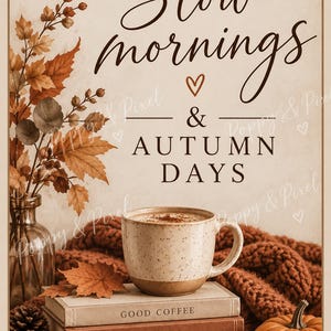 May include: A decorative print featuring the text Slow mornings & AUTUMN DAYS above a speckled ceramic mug on a stack of three books labelled GOOD COFFEE, COSY HOME, and HAPPIER DAYS, with autumn leaves, a pinecone, and a pumpkin.