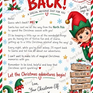 Könnte beinhalten: Ein weihnachtlicher Brief mit der Überschrift I'M BACK!, einem Cartoon-Elf, einem Nordpol-Schild und einem rot-grünen Rand. Der Text enthält eine Nachricht vom Elf, einen runden Nordpol-Stempel und ein Holzschild mit freundlichen Botschaften.