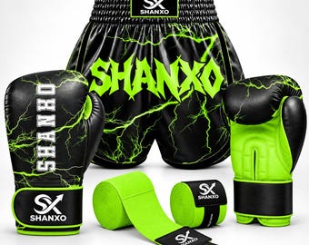 SHANXO + 3-Piece Boxing & Muay Thai Training Set, Black Yellow Lighting Design, Boxing Gloves, Hand Wraps, Muay Thai Shorts