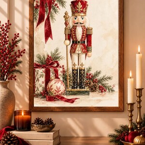 May include: A framed wall art print featuring a detailed illustration of a nutcracker soldier in a red and gold uniform, standing beside a gift box, a patterned ornament, and evergreen branches with red berries against a light background.