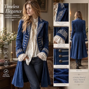 May include: A royal blue velvet coat featuring intricate silver embroidery on the lapels and cuffs, long sleeves with lace-trimmed edges, and a front closure with multiple metallic buttons. The coat is shown from the front and back views.