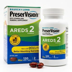 May include: Bausch + Lomb PreserVision AREDS 2 eye vitamin and mineral supplement in a box and white bottle. The packaging features blue, green, and yellow accents, states 120 mini soft gels, and includes two brown oval soft gel capsules.
