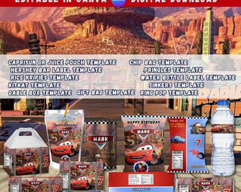 Race Car Birthday Party Bundle | 11 Editable Templates | Disney Cars Inspired | Chip Bag , Water Bottle Caprisun, Hershey ,Kitkat,Pringles