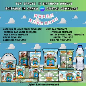 May include: A digital birthday party bundle featuring editable templates for juice pouches, chip bags, candy bars, and water bottles. The designs include cartoon characters, a green frog, and the text "Noah Story 5" against a blue sky background.