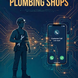 Könnte beinhalten: Eine digitale Grafik mit dem Titel THE AI PLAYBOOK FOR PLUMBING SHOPS zeigt die Silhouette eines Klempners mit Schutzhelm und Schraubenschlüssel neben einem Smartphone, das einen Kundenanruf zur Leckreparatur auf einem Schaltkreis-Hintergrund anzeigt.