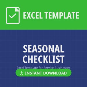 Puede incluir: Una plantilla de Excel digital para una lista de verificación estacional diseñada para empresas de servicios. El gráfico presenta un encabezado verde con un icono de documento blanco, un fondo azul oscuro y texto blanco que dice INSTANT DOWNLOAD.