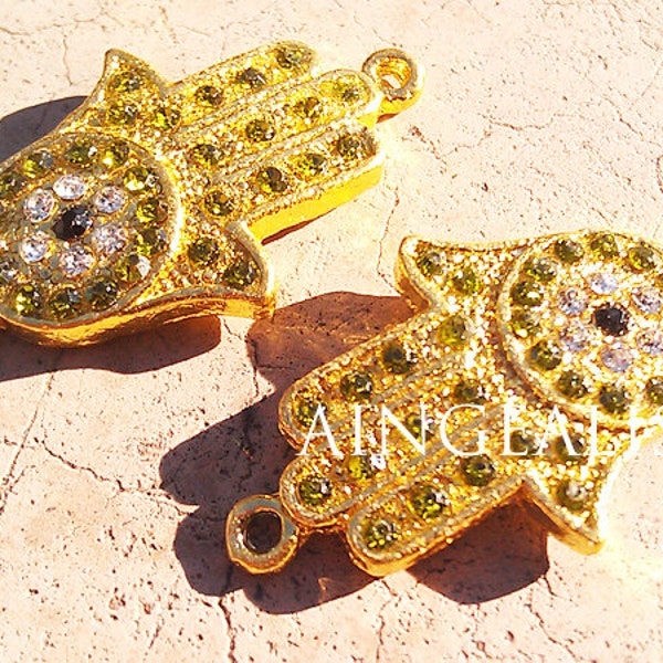Hamsa Sideways Connector Charms, Gold With Green and Crystal Rhinestones - Ships From USA