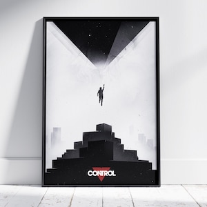 May include: A framed vertical poster featuring a black and white graphic illustration of a person floating towards a large inverted black pyramid above a stepped structure. The word CONTROL is printed in white text over a red triangle at the bottom.