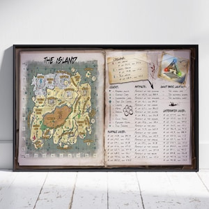 May include: A framed print of a game map titled The Island, featuring a grid-based topographical layout on the left and a detailed list of coordinates, artifacts, and base locations on the right, presented on a weathered, paper-like background.