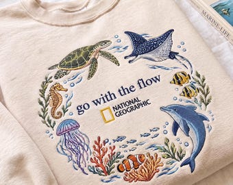 Embroidered Ocean Hoodie, Go With The Flow Shirt, National Geographic Sweatshirt, Marine Life Gift, Sea Turtle Lover, Marine Animal Gift