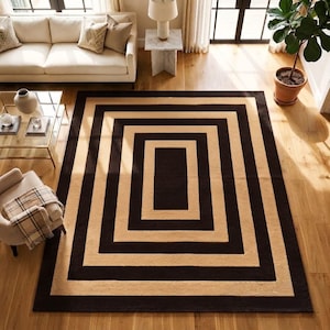 Tappeto rettangolare nero-marrone con bordo concentrico fatto a mano per soggiorno, audace stile Art Déco.