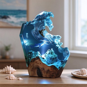 May include: A decorative resin and wood sculpture featuring a translucent blue ocean wave crashing over a natural wood base. A small surfer figure rides the wave, while a shark and a jellyfish are visible within the blue resin depths.
