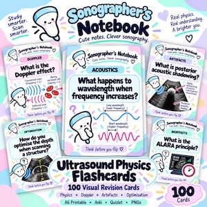 Könnte beinhalten: Ein Set aus 100 Sonographer's Notebook Ultraschall-Physik-Lernkarten mit Pastellfarben und niedlichen Illustrationen. Die Karten enthalten pädagogische Fragen zu Doppler, Akustik, Artefakten und Bioeffekten mit Diagrammen und Text.