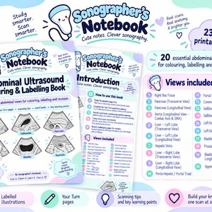 Peut inclure: Un PDF imprimable de 23 pages intitulé Sonographer's Notebook, un livre de coloriage et d'étiquetage d'échographie abdominale. Il présente 20 vues abdominales essentielles, dont des illustrations du foie, de la vésicule et du pancréas.