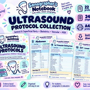 Puede incluir: Un cuaderno digital de protocolos de ultrasonido con 22 protocolos en 24 páginas imprimibles tamaño A4. La portada y las páginas internas muestran texto que incluye Ultrasound Protocol Collection, Abdomen, 1st Trimester Dating Scan y DVT Lower Limb.