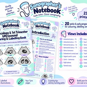 Peut inclure: Un PDF imprimable de 23 pages intitulé Sonographer's Notebook, un livre de coloriage et d'étiquetage d'échographie gynécologique et du 1er trimestre. Il comprend 20 vues pelviennes et de début de grossesse avec des images étiquetées.