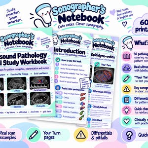 Puede incluir: Un PDF imprimible de 60 páginas titulado Sonographer's Notebook: Ultrasound Pathology Visual Study Workbook. La portada muestra imágenes de ultrasonido de hígado graso, cirrosis, hipertensión portal, quiste hepático y colecistitis.