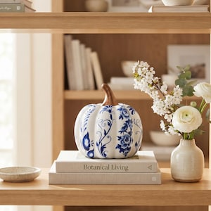 Op de afbeelding: Een witte keramische pompoen met blauwe bloemmotieven en een metallic koperkleurige steel, rustend op een boek met de titel Botanical Living, vergezeld door een kleine keramische vaas met witte bloemen op een houten plank.