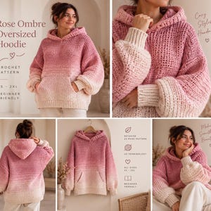 May include: An oversized crochet hoodie featuring a rose ombre colour gradient transitioning from dark pink at the hood to light cream at the hem. The garment includes a hood, long sleeves with ribbed cuffs, and a front kangaroo pocket.