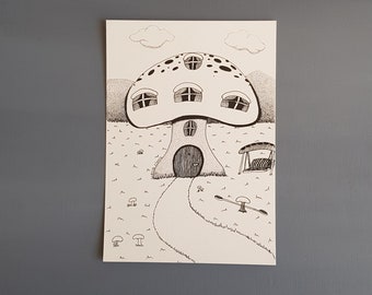 Mushroom house illustration , black and white A5 drawing print on paper great mushroom toddler wall decor for forest tales baby shower gift