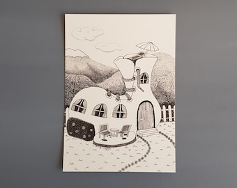 Shoe house illustration , black and white A5 drawing print on paper great children tale room decor for stories nursery as baby shower gift