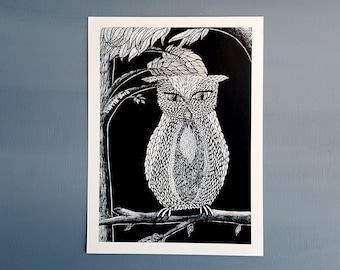 Illustration de hibou noir et blanc d’illustration de stylo A5 impriment sur le papier grand comme décor de hibou pour le décor de salle de pépinière de chéri pour des enfants amoureux de nature