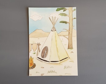 Indian teepee tent illustration, water color A5 print on paper for Native American nursery decor for baby shower gift for kids wall decor