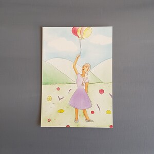 Mädchen mit Luftballons als abstrakte Kunst Druck auf A5 Papier ideal als Geschenk für Kinderzimmer