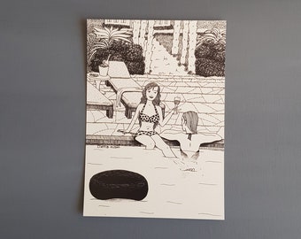 Girls at the pool illustration black and white pen illustration A5 print on paper great as gift for teenagers as teen girl dorm room decor