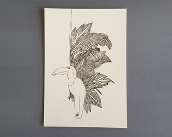 Toucan illustration, black and white pen illustration zentangle print on A5 paper great as gift for new home for animal tropical home decor