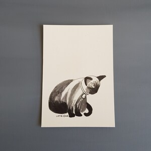 Sitting Siamese cat art, black and white giclee print illustration on A5 paper as a cat birthday gift for bed room decor for animal lovers