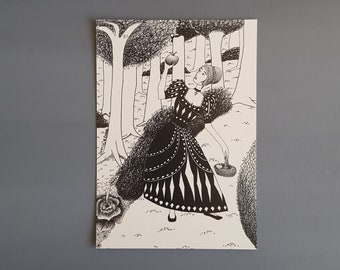 Snow white girl  illustration black and white pen illustration A5 print on paper great as teeange girl room decor gift for fairy tale lover