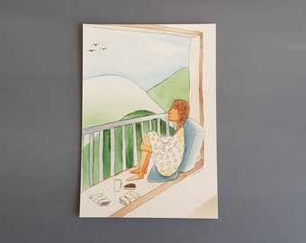 Dreaming girl on a terrace illustration watercolor illustration print on paper A5 size great as teenage girls gift for new home room decor