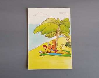 Beach vacation with a coconut tree illustration watercolor illustration print on paper A5 size great as teen gift for tropical  beach lovers