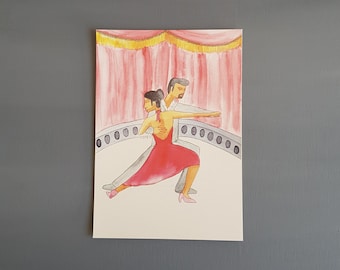 Tango dancers watercolor illustration print on paper A5 size great as teenage girl dancer room decor for tango dancing lovers housewarming