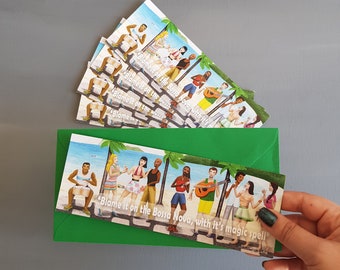 Set of 5 illustrated greeting card of Brazilian Bossa Nova beach party with green envelope great with gift for music lovers or dance lovers