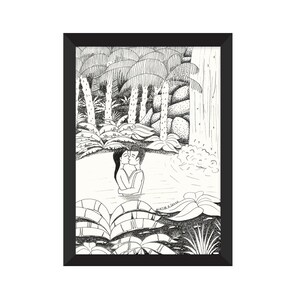 Kissing couple waterfall illustration black and white pen illustration A5 print on paper great as a teenage girl gift for girls room decor image 2