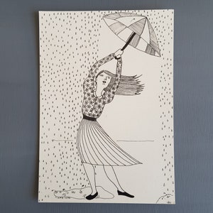 Girl with umbrella drawing black and white pen illustration print on paper great gift for her as teen bedroom decor for winter lover girls image 5