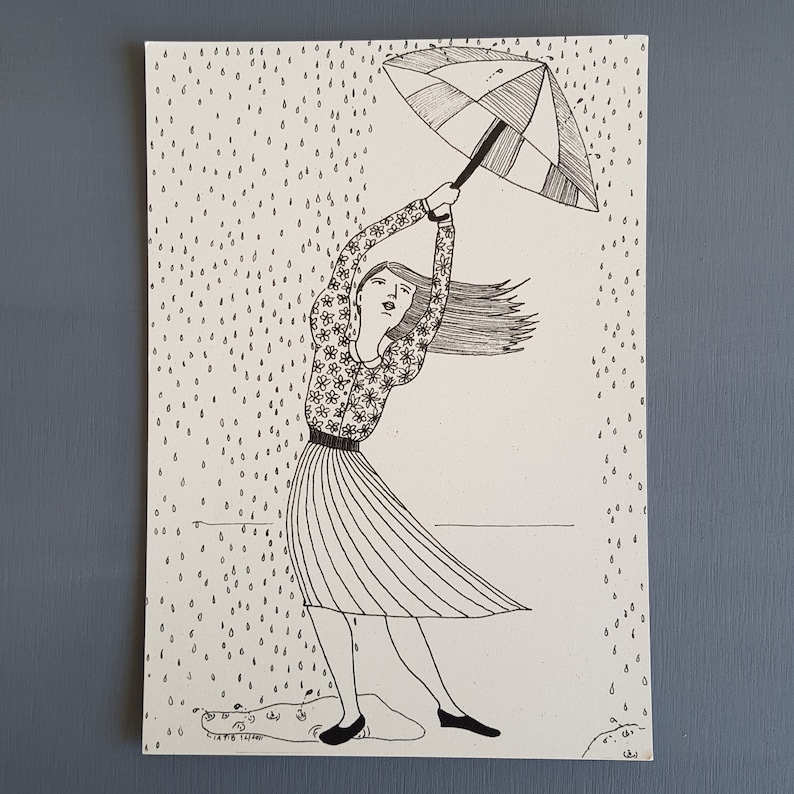 Girl with umbrella drawing black and white pen illustration print on paper great gift for her as teen bedroom decor for winter lover girls image 5