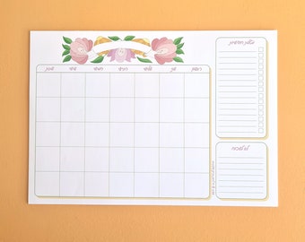 Printable monthly plan tablet in Hebrew for your office desk great to set order in your schedule with monthly planner to do list and notes