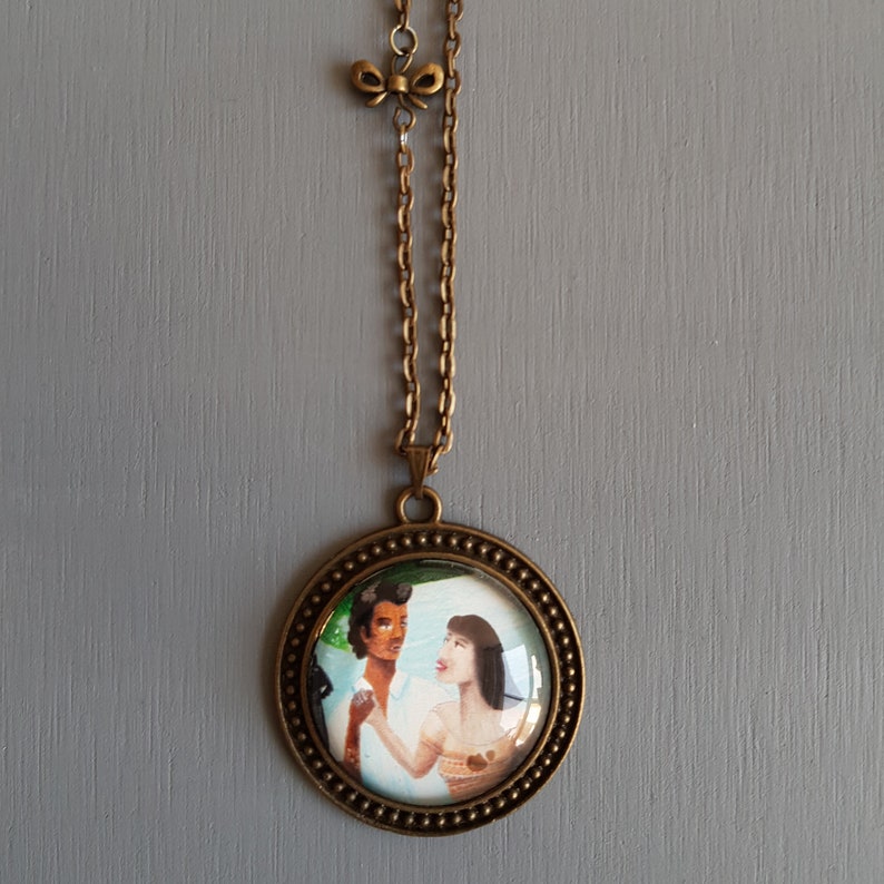 Round cabochon bronze pendant with dancing couple illustration, 28 inches long necklace great as Christmas stocking stuffer for a teen girl image 4
